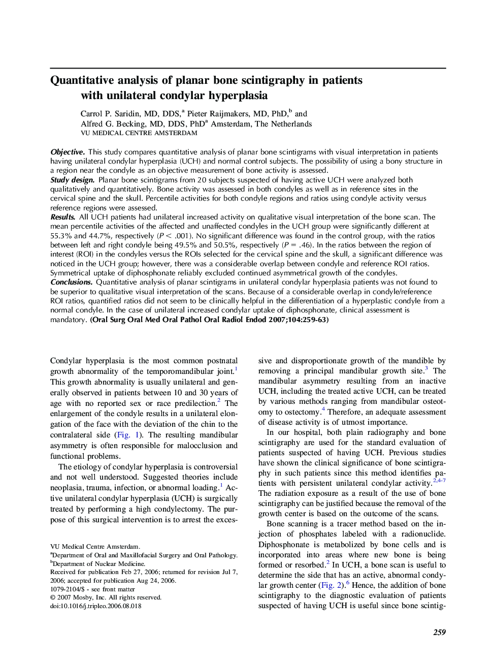 Quantitative analysis of planar bone scintigraphy in patients with unilateral condylar hyperplasia 