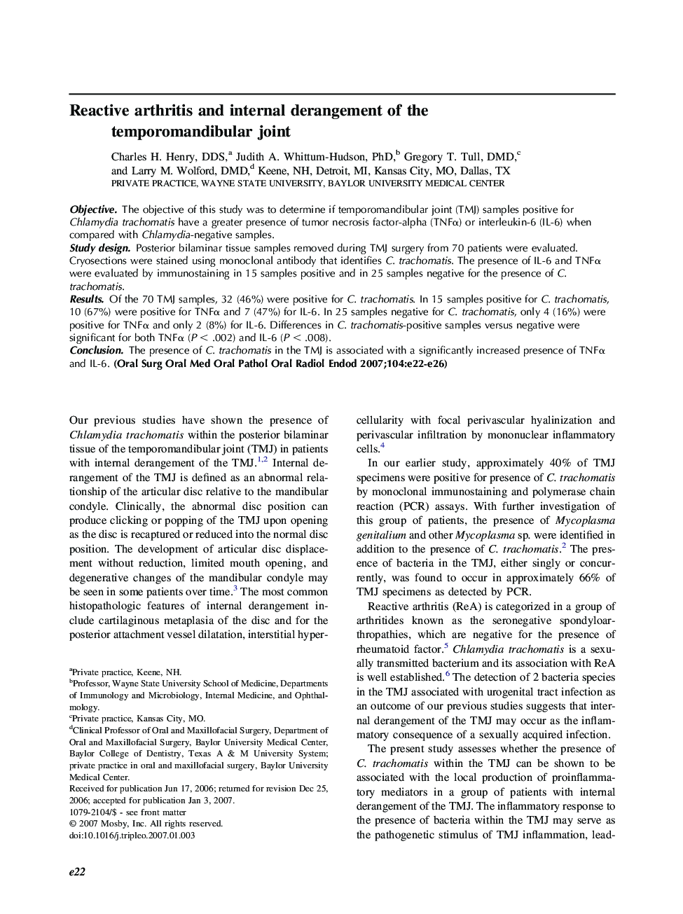 Reactive arthritis and internal derangement of the temporomandibular joint