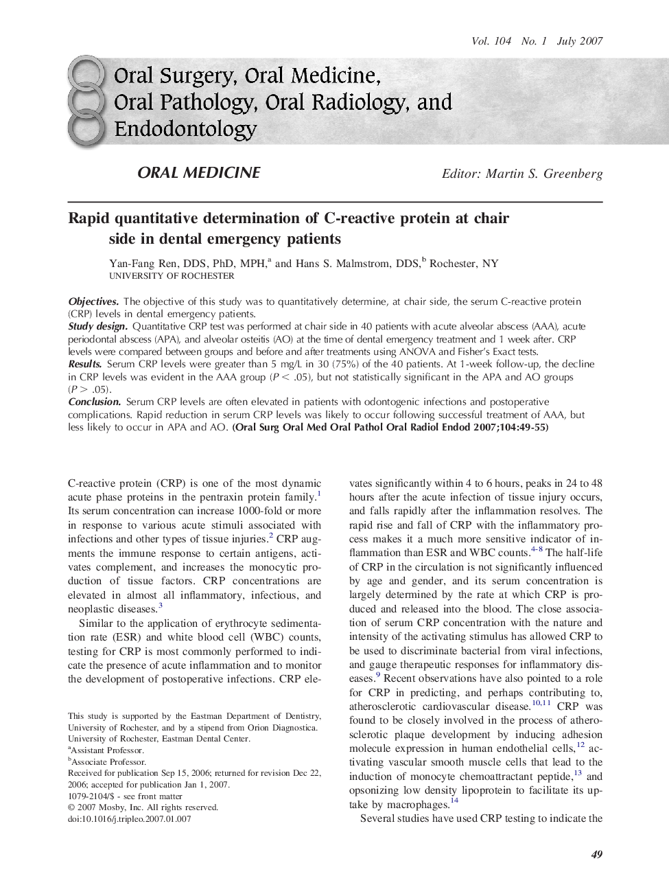 Rapid quantitative determination of C-reactive protein at chair side in dental emergency patients 