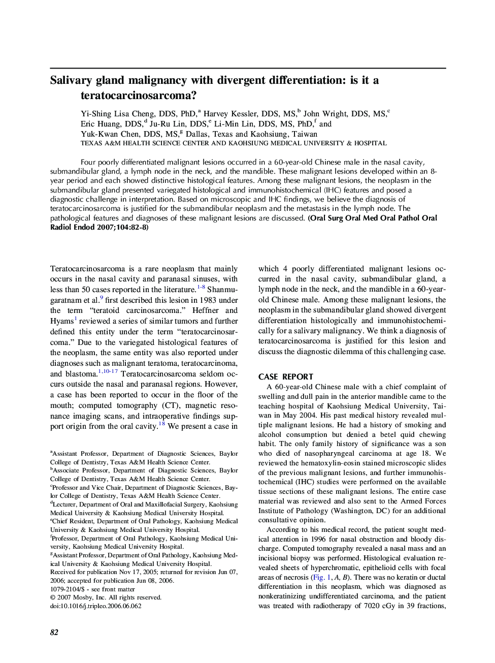 Salivary gland malignancy with divergent differentiation: is it a teratocarcinosarcoma?