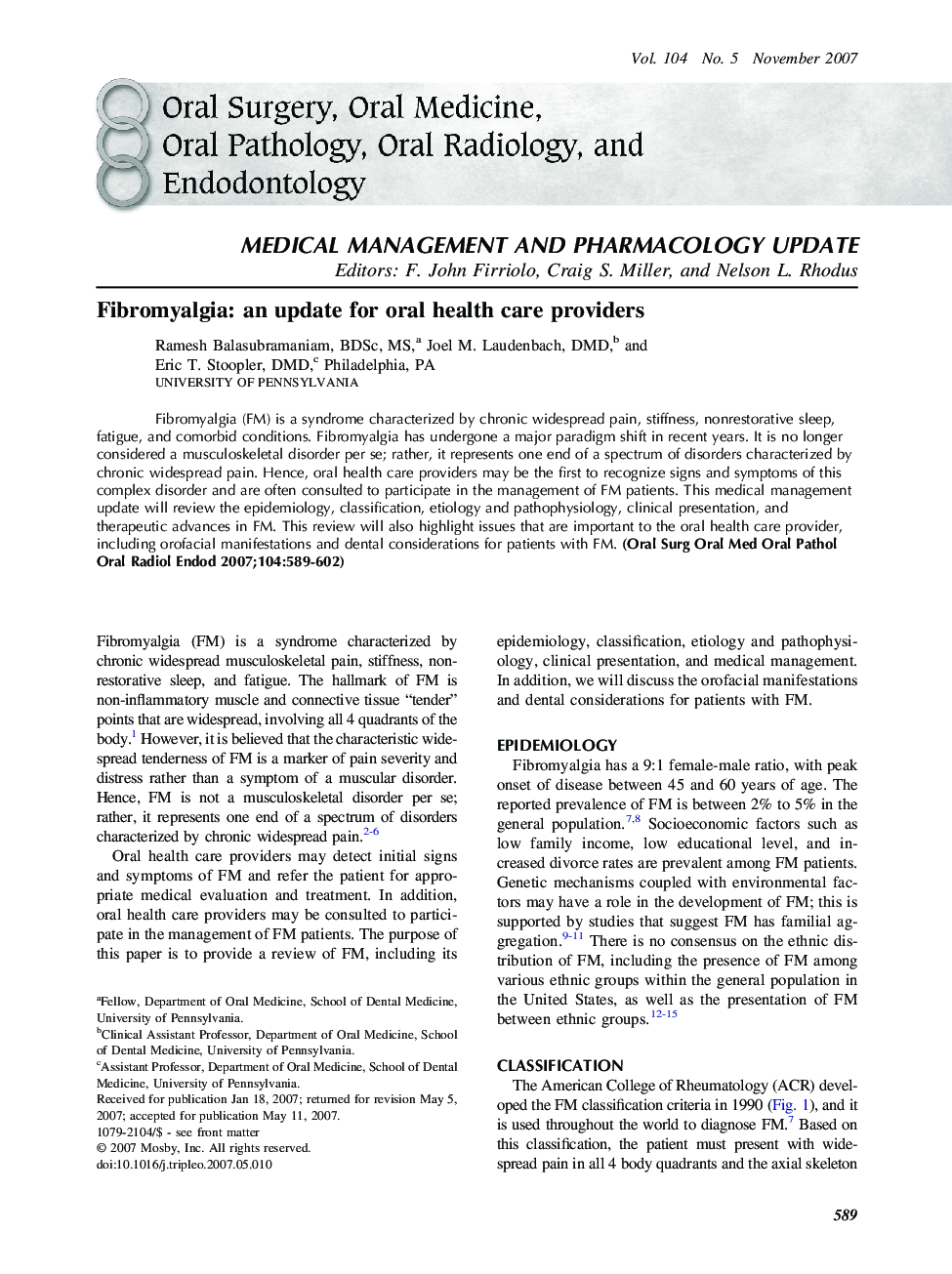 Fibromyalgia: an update for oral health care providers