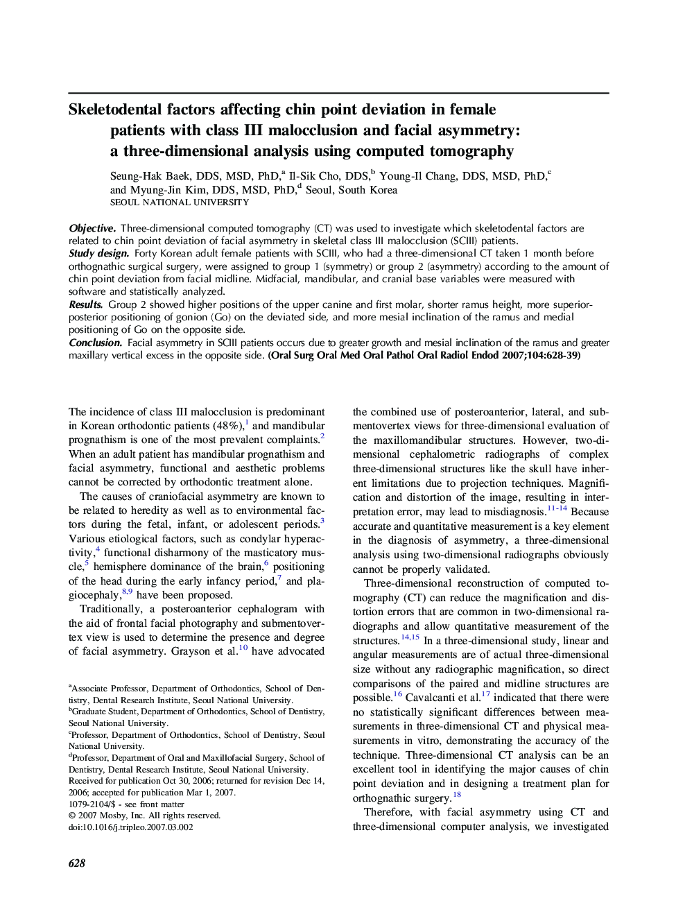 Skeletodental factors affecting chin point deviation in female patients with class III malocclusion and facial asymmetry: a three-dimensional analysis using computed tomography