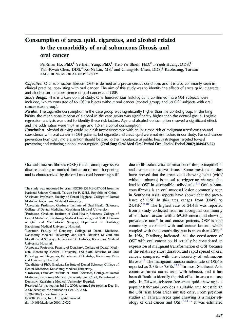 Consumption of areca quid, cigarettes, and alcohol related to the comorbidity of oral submucous fibrosis and oral cancer