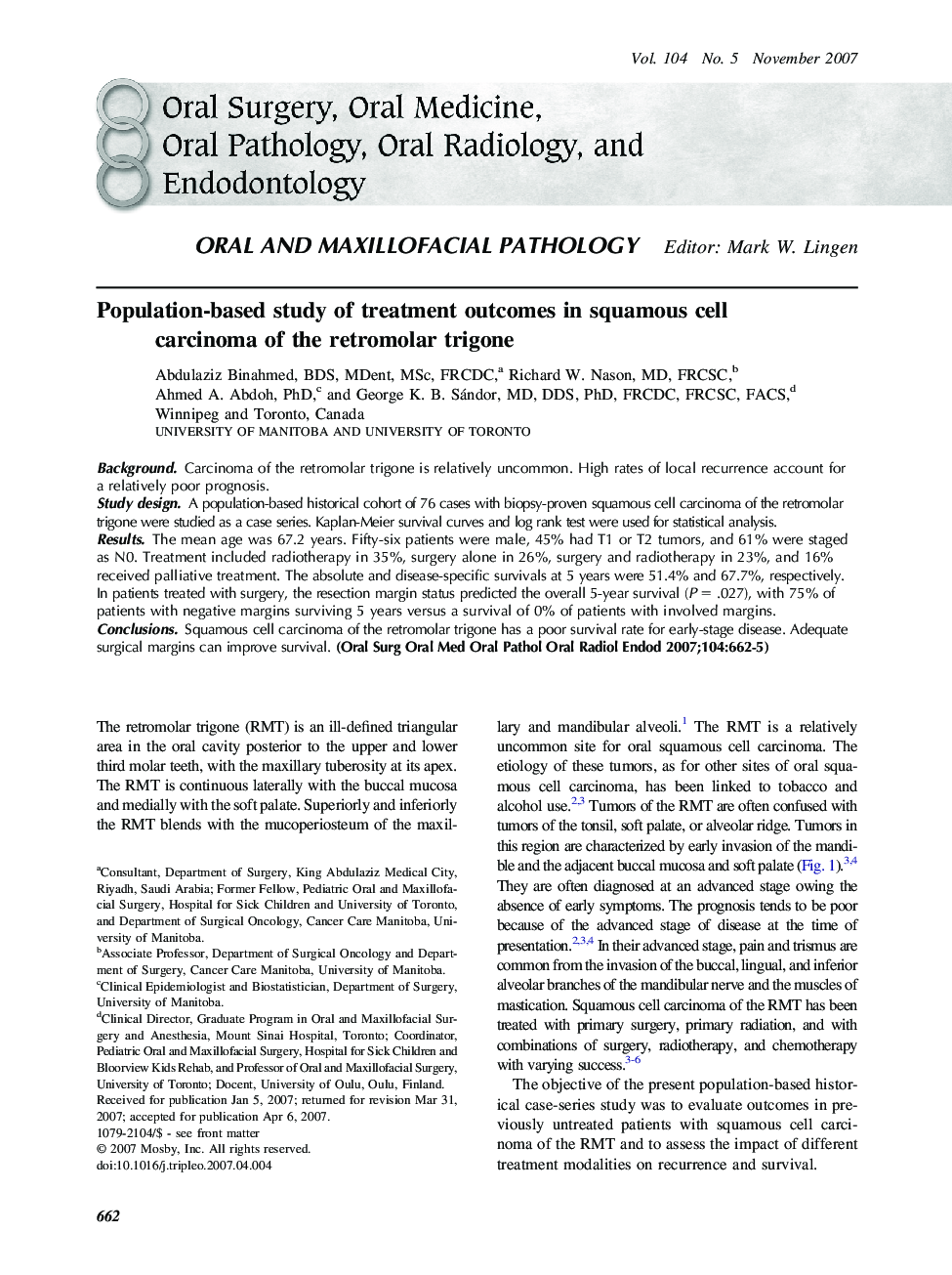 Population-based study of treatment outcomes in squamous cell carcinoma of the retromolar trigone