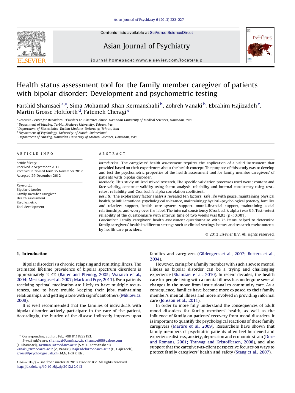 Health status assessment tool for the family member caregiver of patients with bipolar disorder: Development and psychometric testing