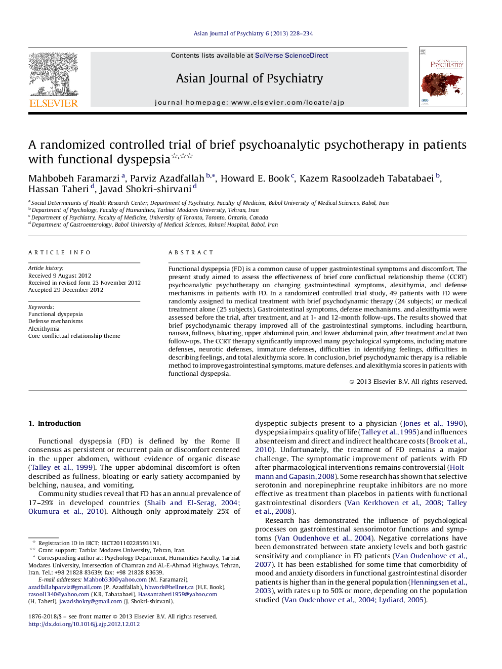 A randomized controlled trial of brief psychoanalytic psychotherapy in patients with functional dyspepsia 