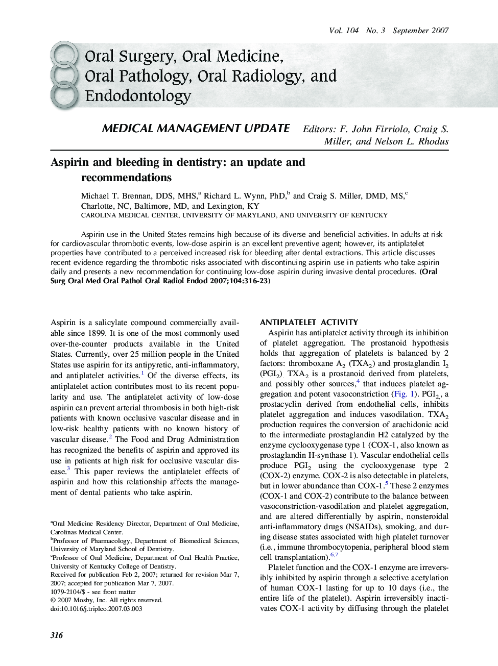 Aspirin and bleeding in dentistry: an update and recommendations