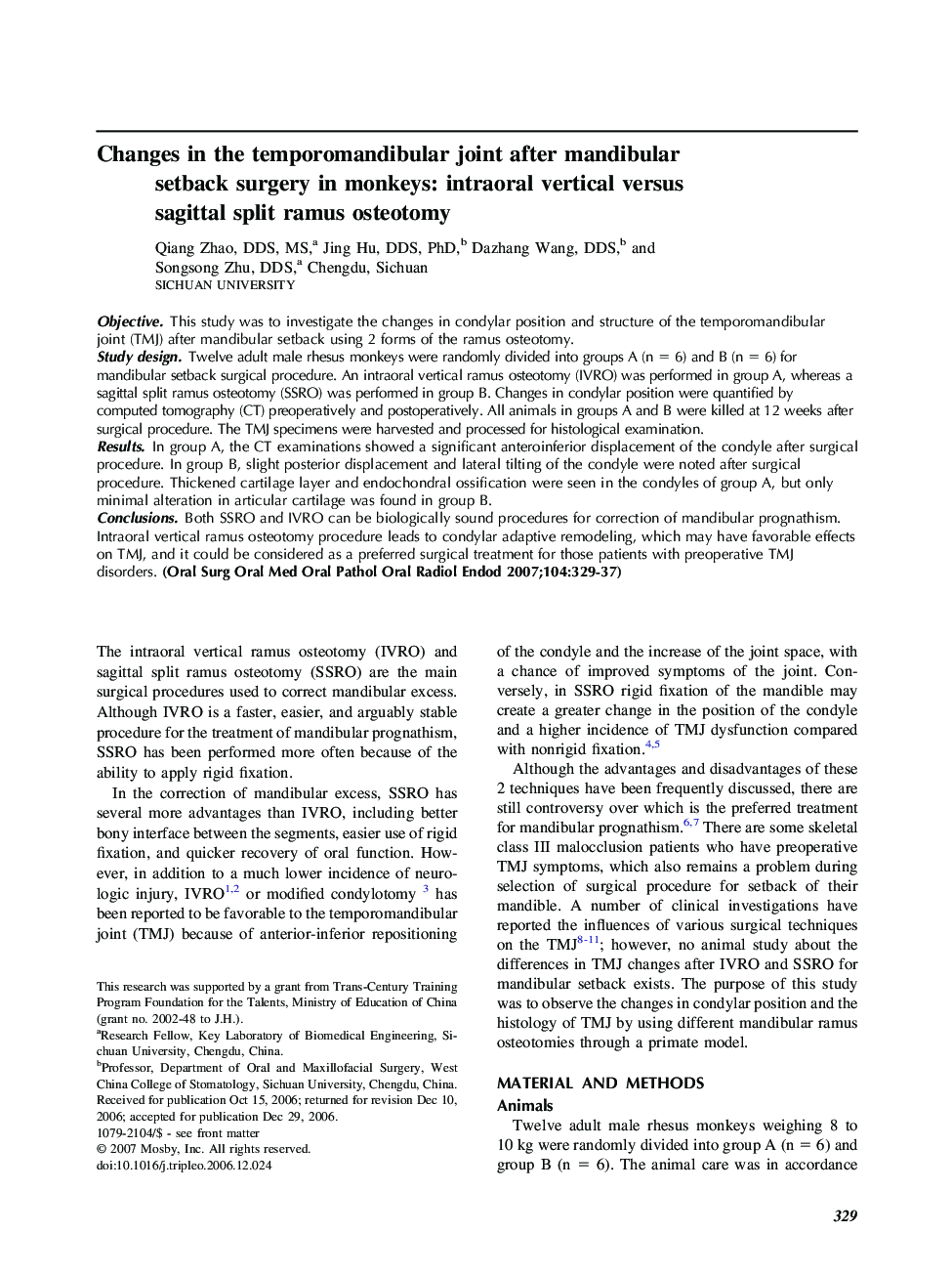 Changes in the temporomandibular joint after mandibular setback surgery in monkeys: intraoral vertical versus sagittal split ramus osteotomy 