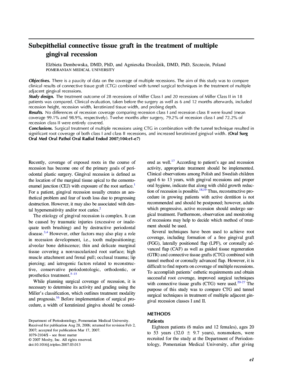 Subepithelial connective tissue graft in the treatment of multiple gingival recession