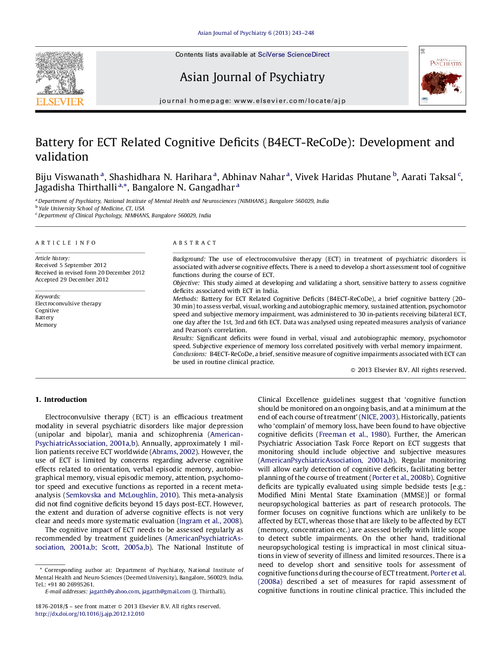 Battery for ECT Related Cognitive Deficits (B4ECT-ReCoDe): Development and validation