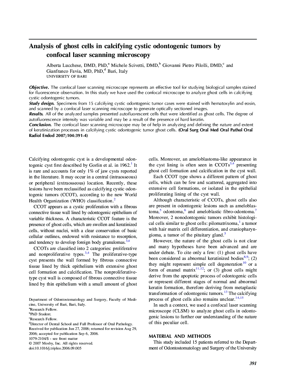 Analysis of ghost cells in calcifying cystic odontogenic tumors by confocal laser scanning microscopy