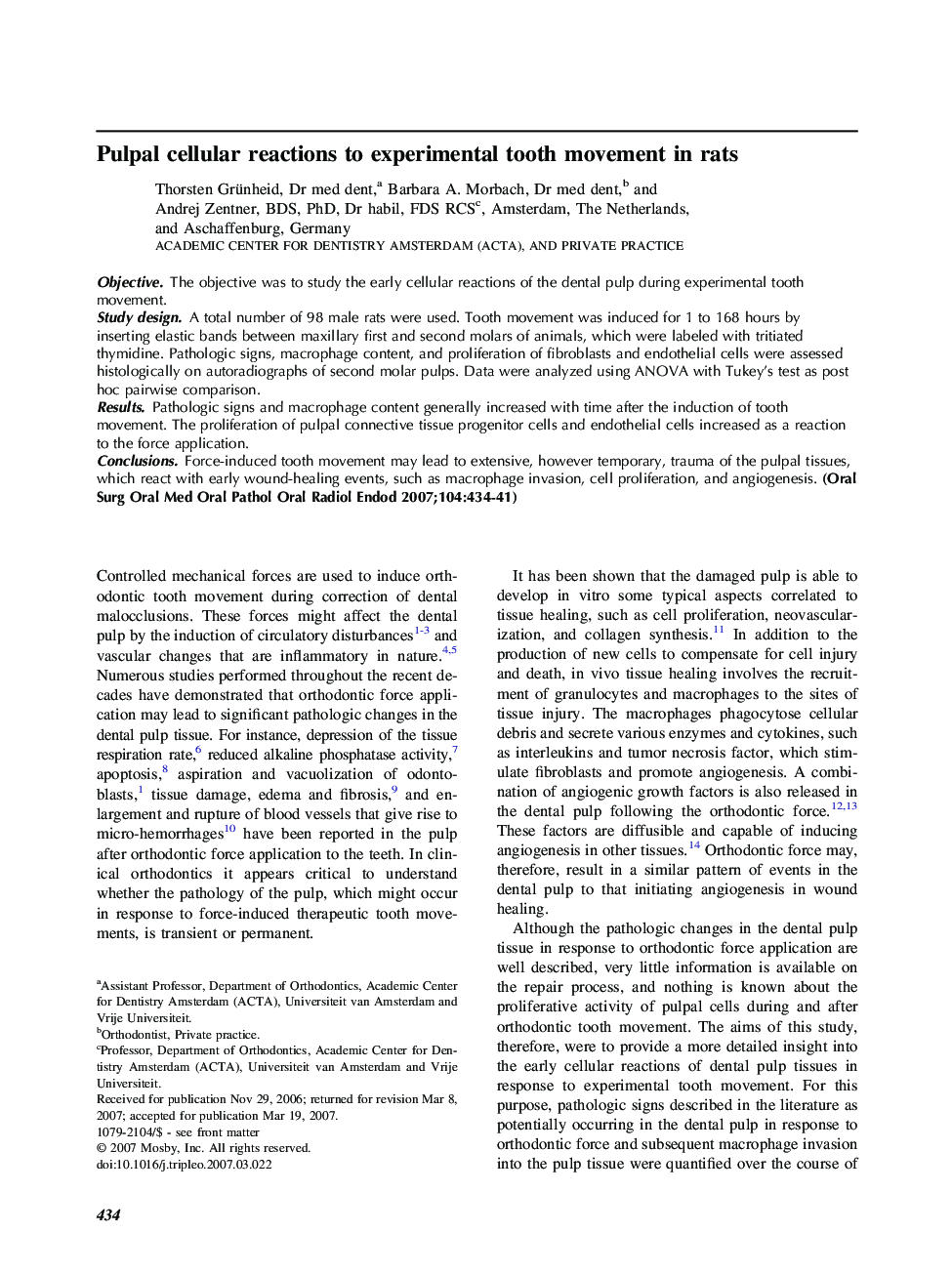 Pulpal cellular reactions to experimental tooth movement in rats