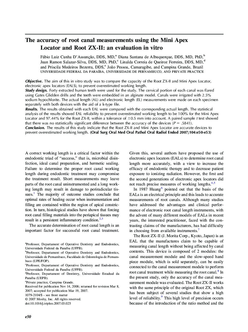 The accuracy of root canal measurements using the Mini Apex Locator and Root ZX-II: an evaluation in vitro