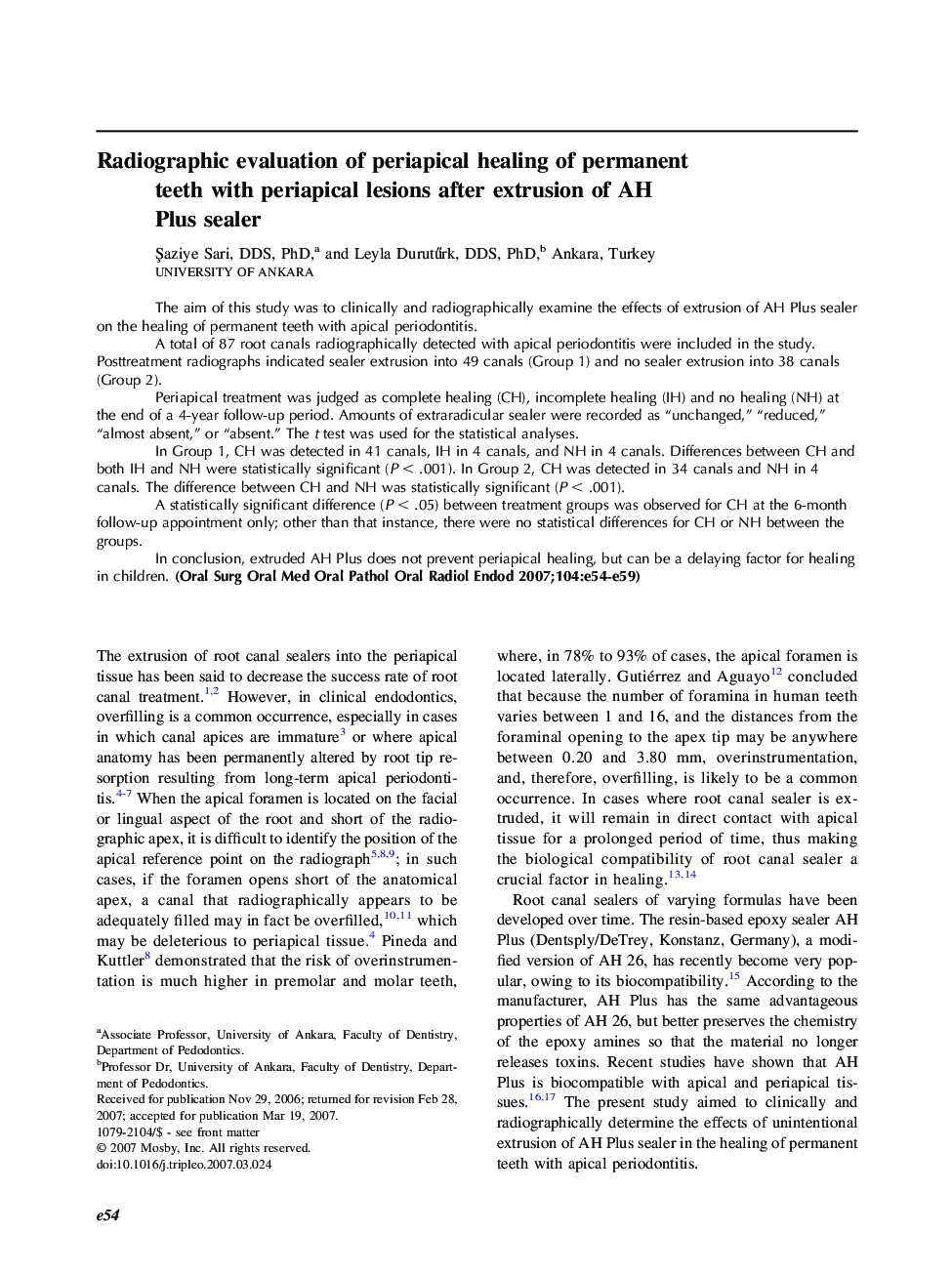 Radiographic evaluation of periapical healing of permanent teeth with periapical lesions after extrusion of AH Plus sealer