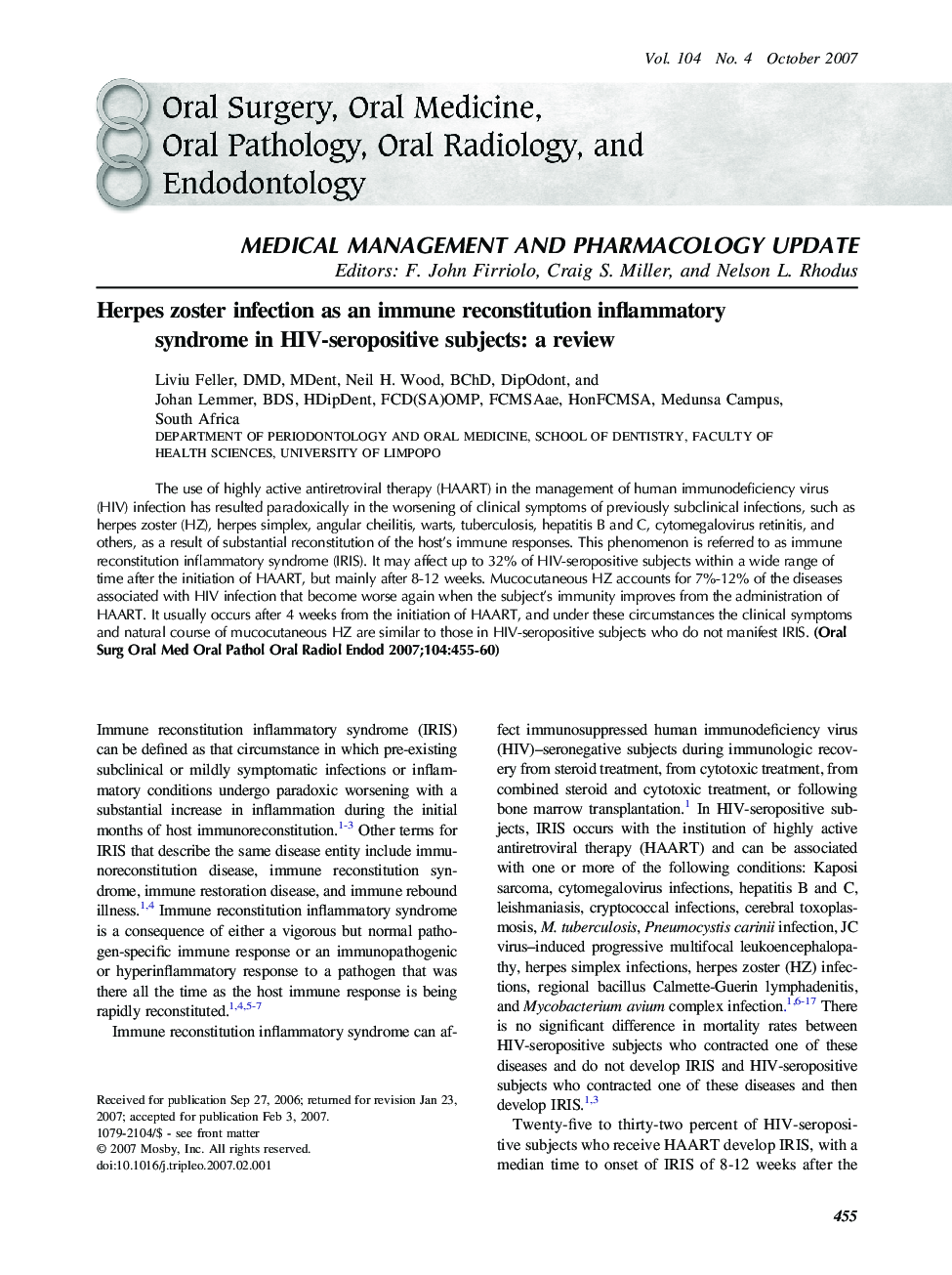 Herpes zoster infection as an immune reconstitution inflammatory syndrome in HIV-seropositive subjects: a review