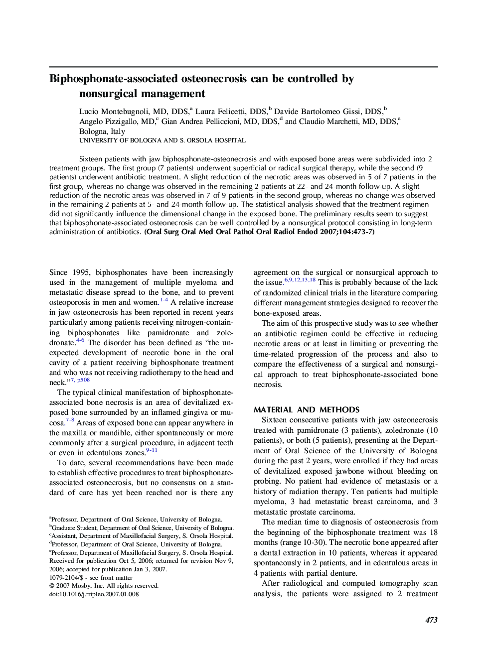 Biphosphonate-associated osteonecrosis can be controlled by nonsurgical management