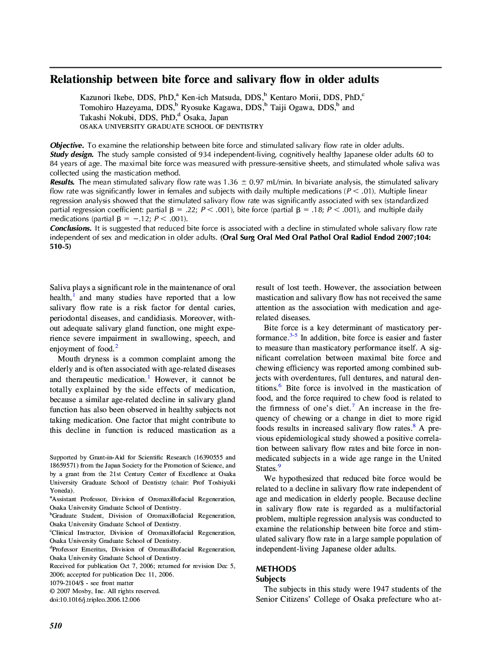 Relationship between bite force and salivary flow in older adults 