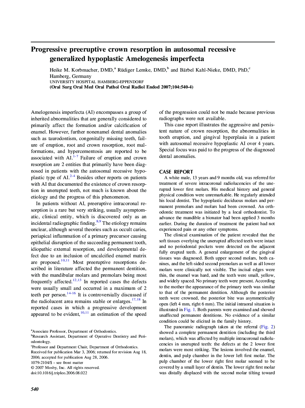 Progressive preeruptive crown resorption in autosomal recessive generalized hypoplastic Amelogenesis imperfecta