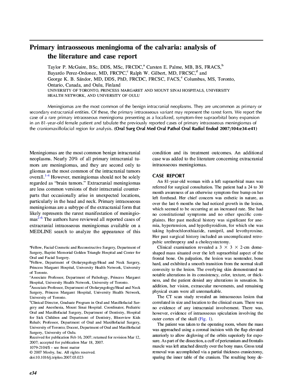 Primary intraosseous meningioma of the calvaria: analysis of the literature and case report