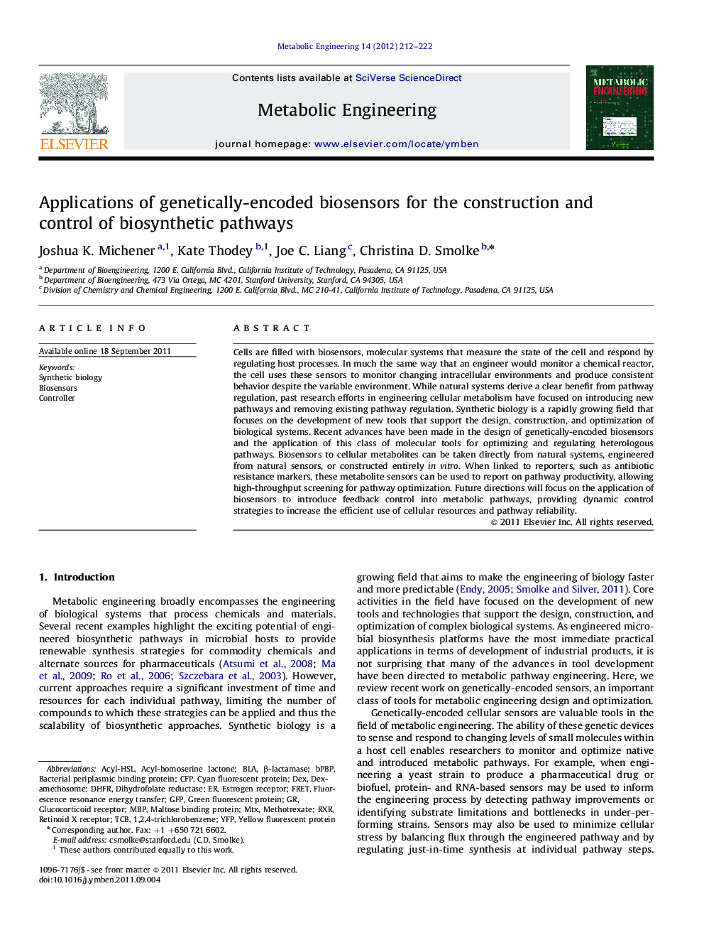 Applications of genetically-encoded biosensors for the construction and control of biosynthetic pathways