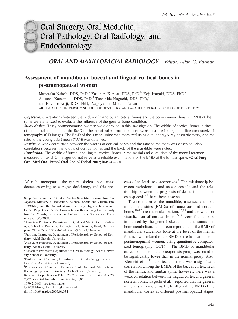 Assessment of mandibular buccal and lingual cortical bones in postmenopausal women 