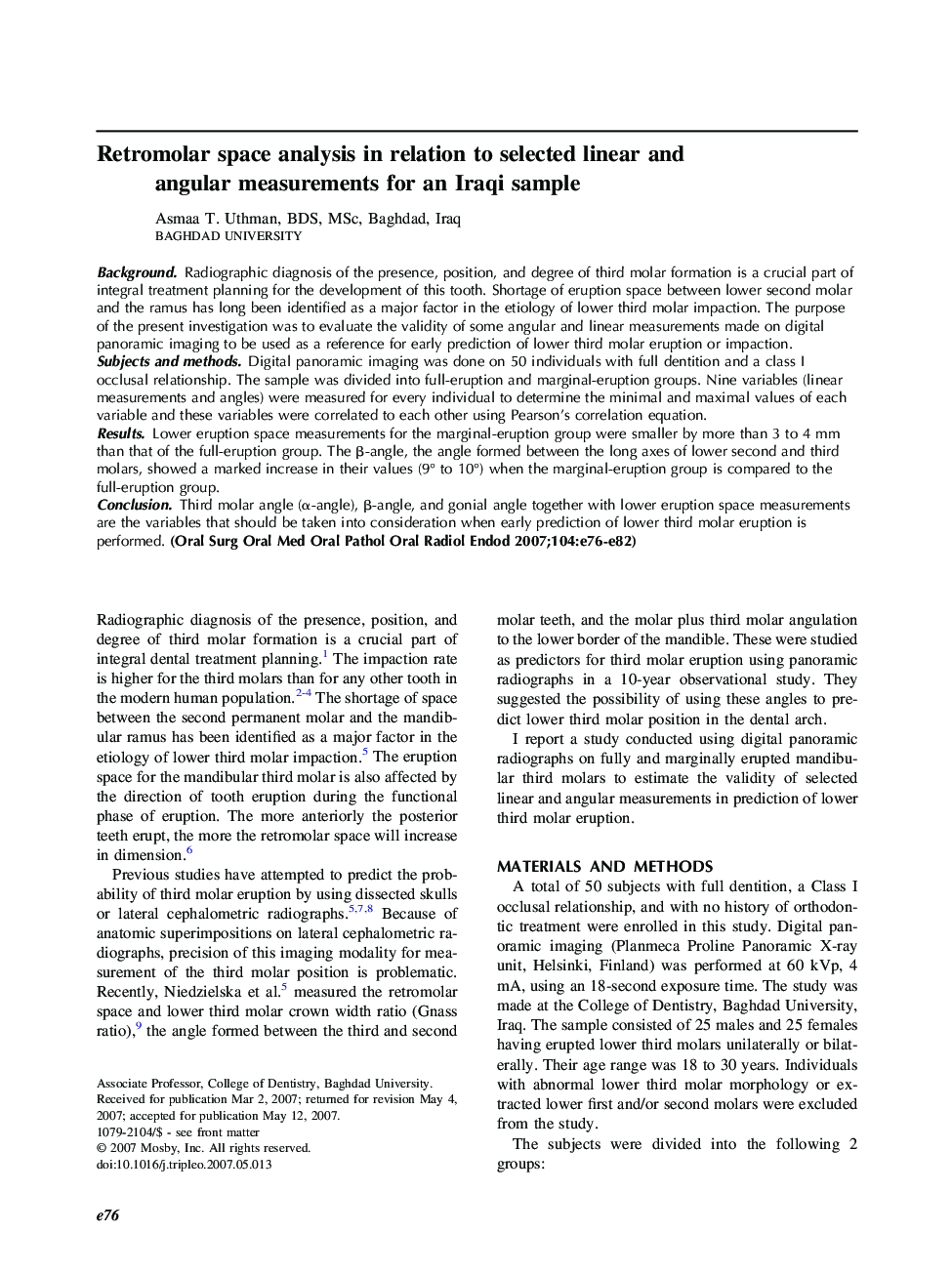 Retromolar space analysis in relation to selected linear and angular measurements for an Iraqi sample