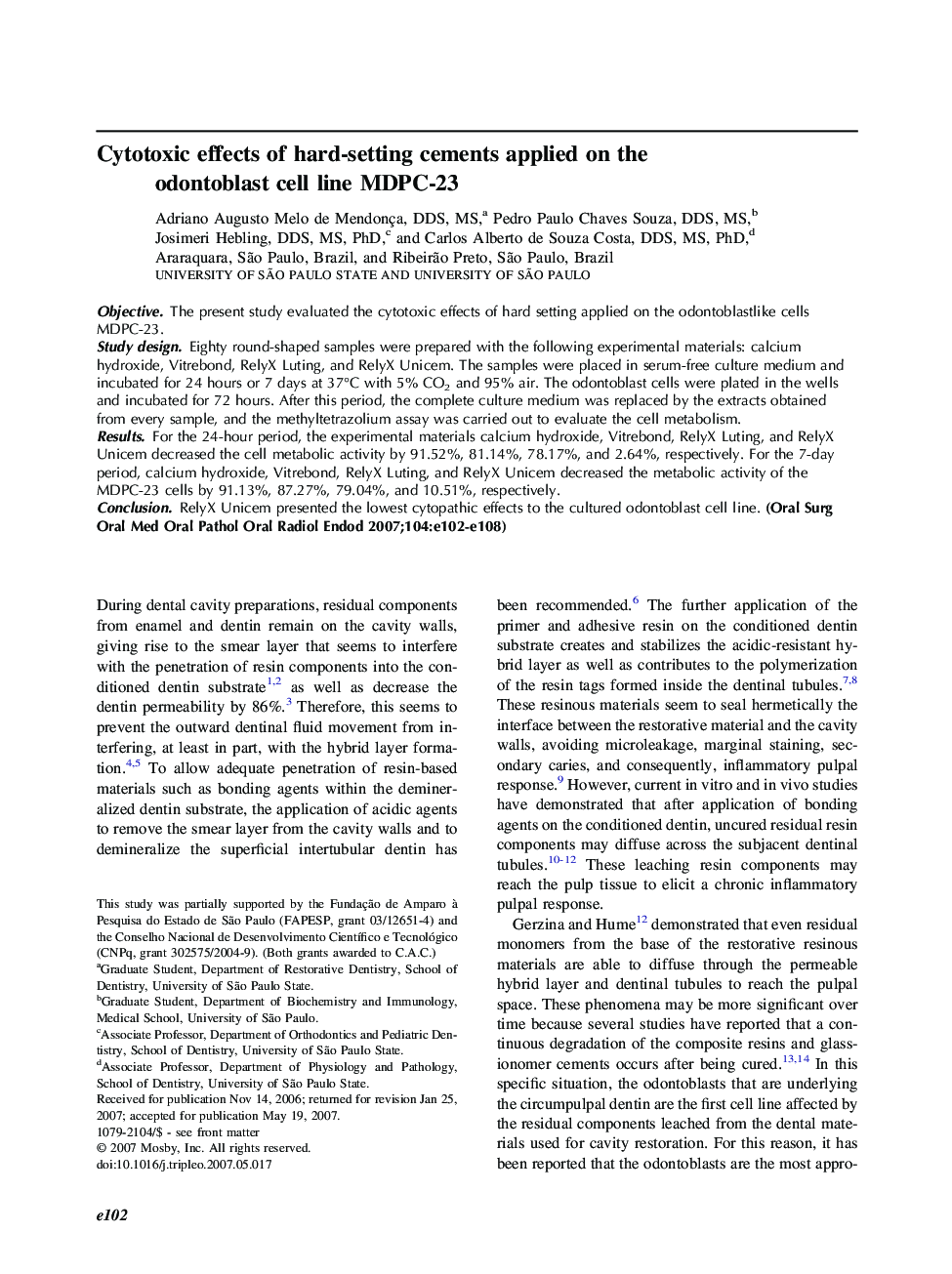 Cytotoxic effects of hard-setting cements applied on the odontoblast cell line MDPC-23