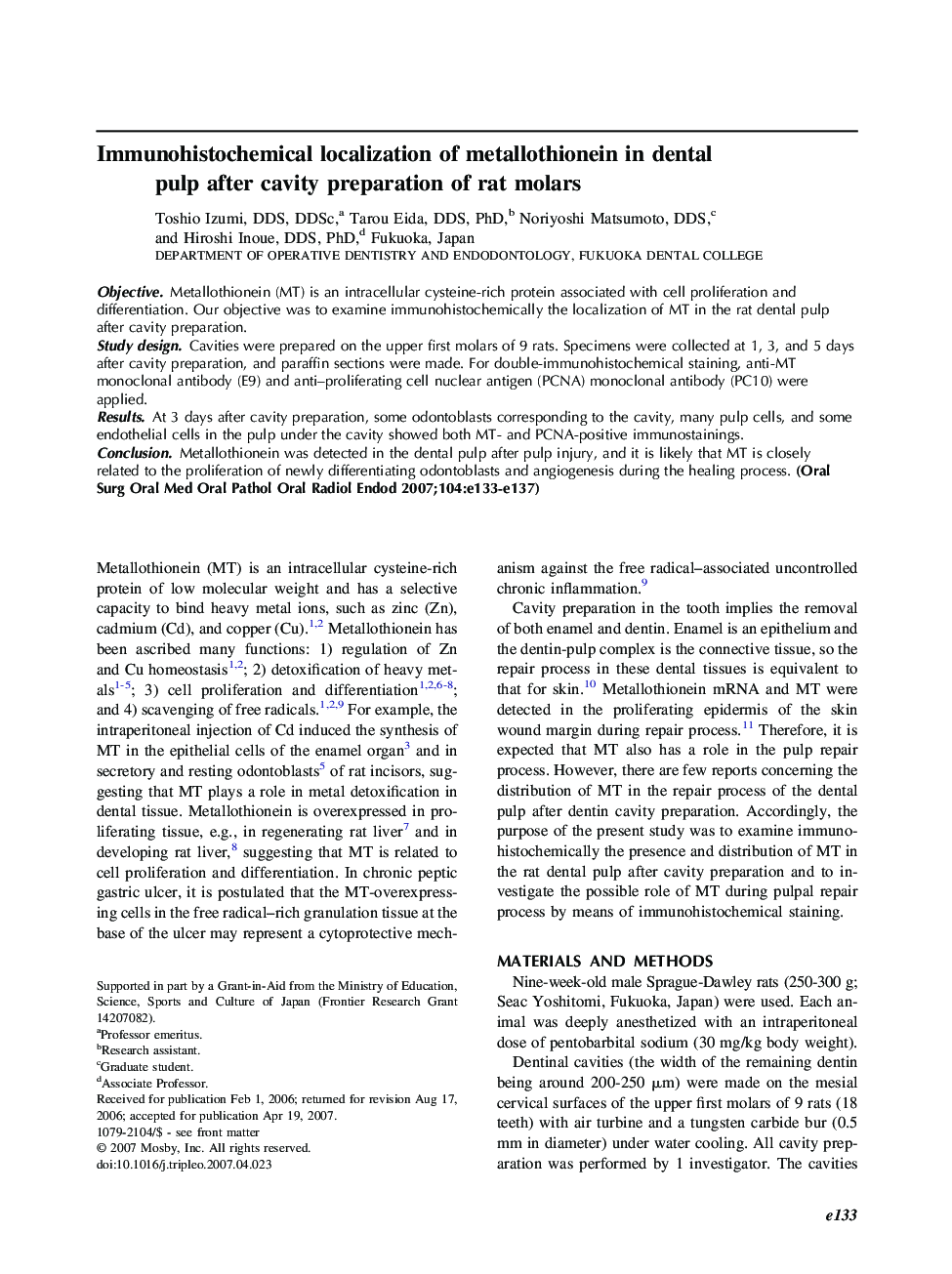 Immunohistochemical localization of metallothionein in dental pulp after cavity preparation of rat molars 