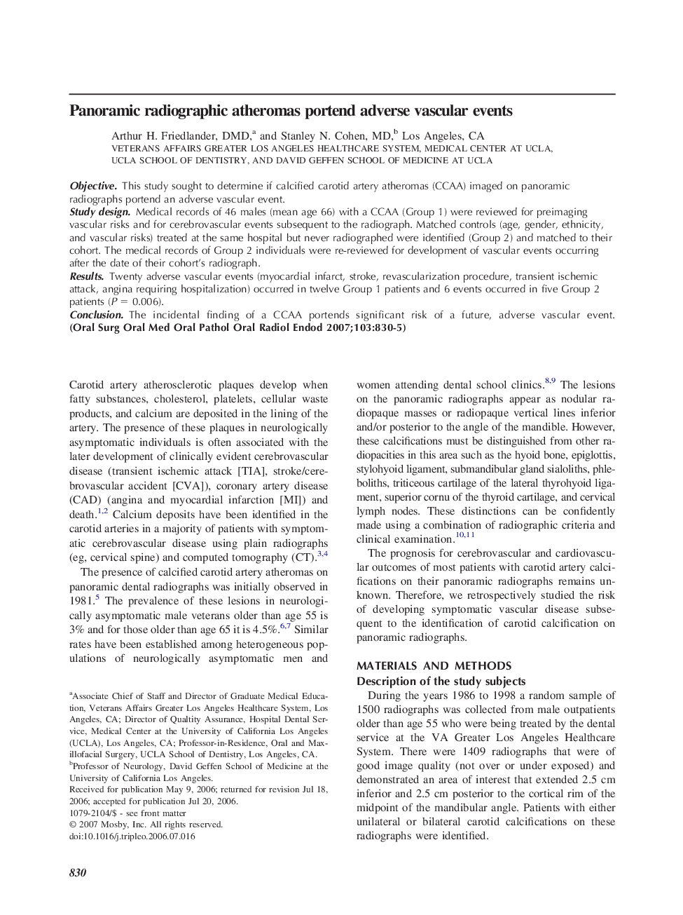 Panoramic radiographic atheromas portend adverse vascular events