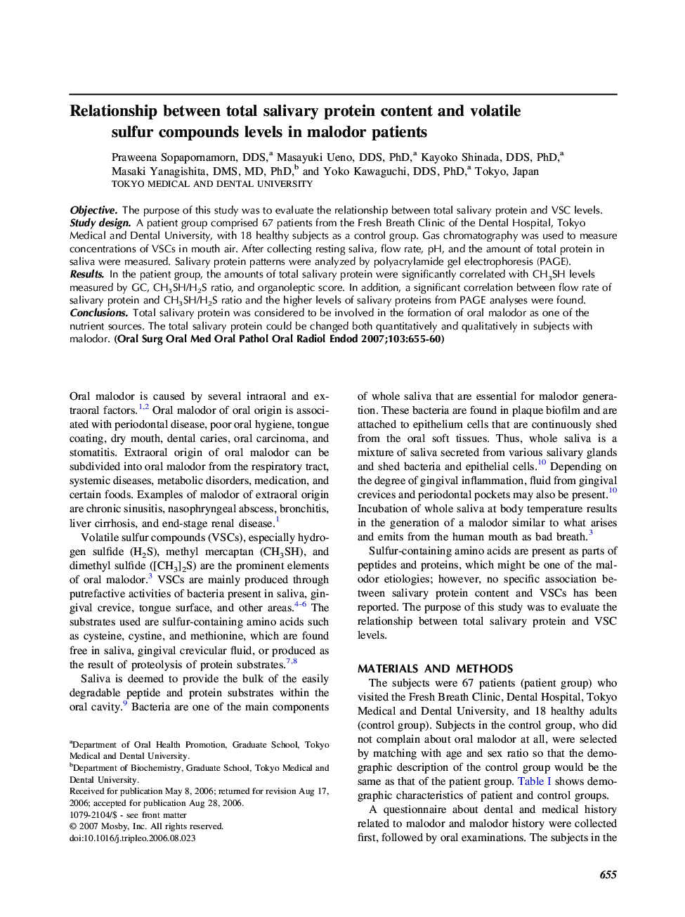 Relationship between total salivary protein content and volatile sulfur compounds levels in malodor patients