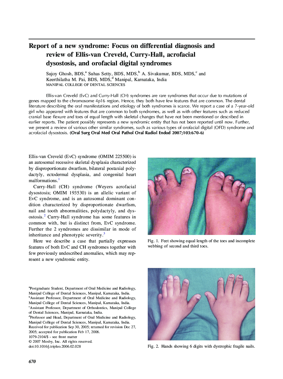 Report of a new syndrome: Focus on differential diagnosis and review of Ellis-van Creveld, Curry-Hall, acrofacial dysostosis, and orofacial digital syndromes