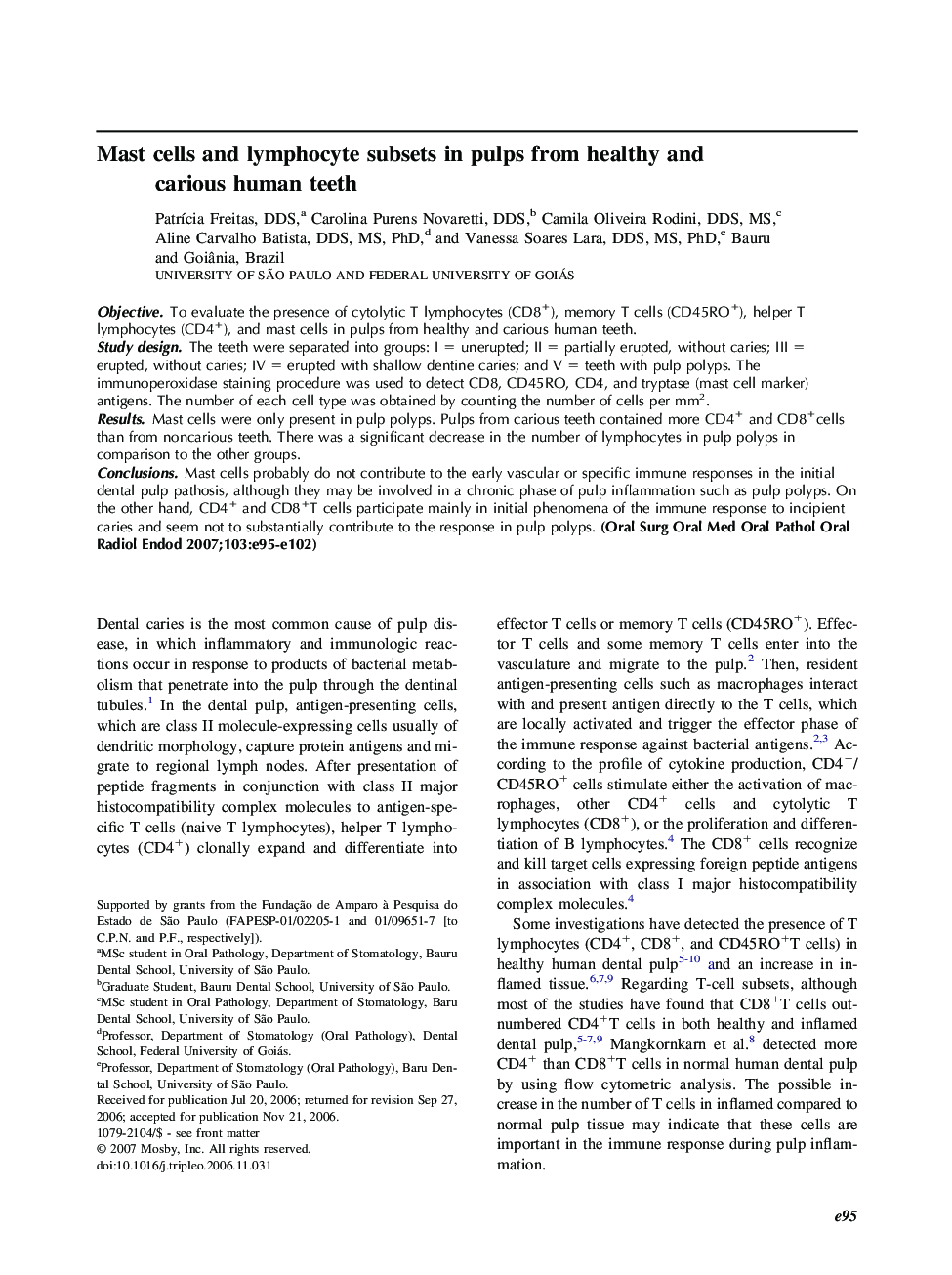 Mast cells and lymphocyte subsets in pulps from healthy and carious human teeth 