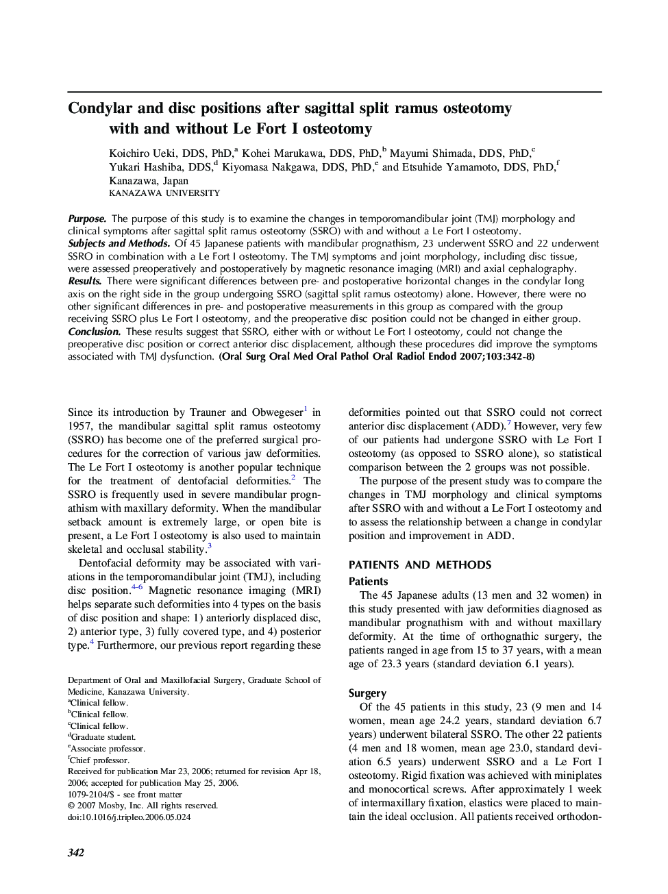 Condylar and disc positions after sagittal split ramus osteotomy with and without Le Fort I osteotomy