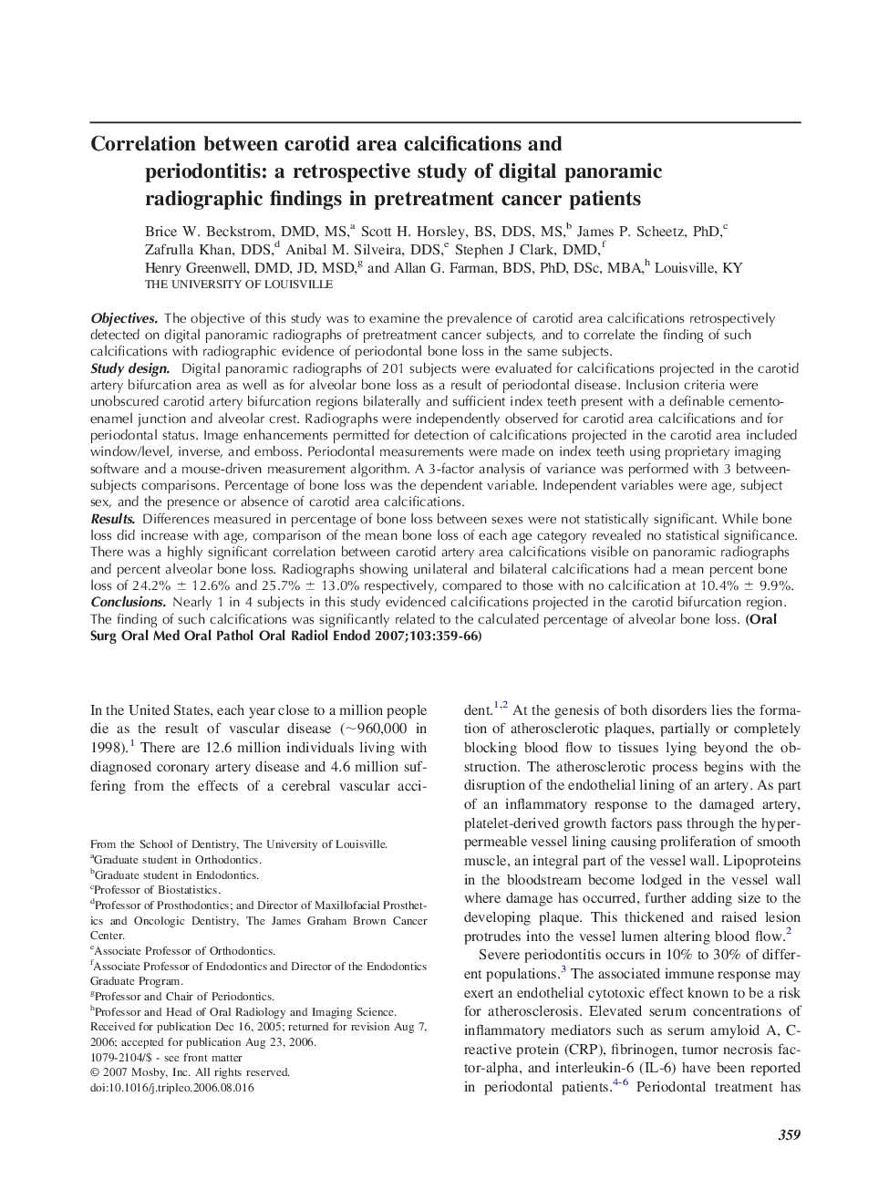 Correlation between carotid area calcifications and periodontitis: a retrospective study of digital panoramic radiographic findings in pretreatment cancer patients