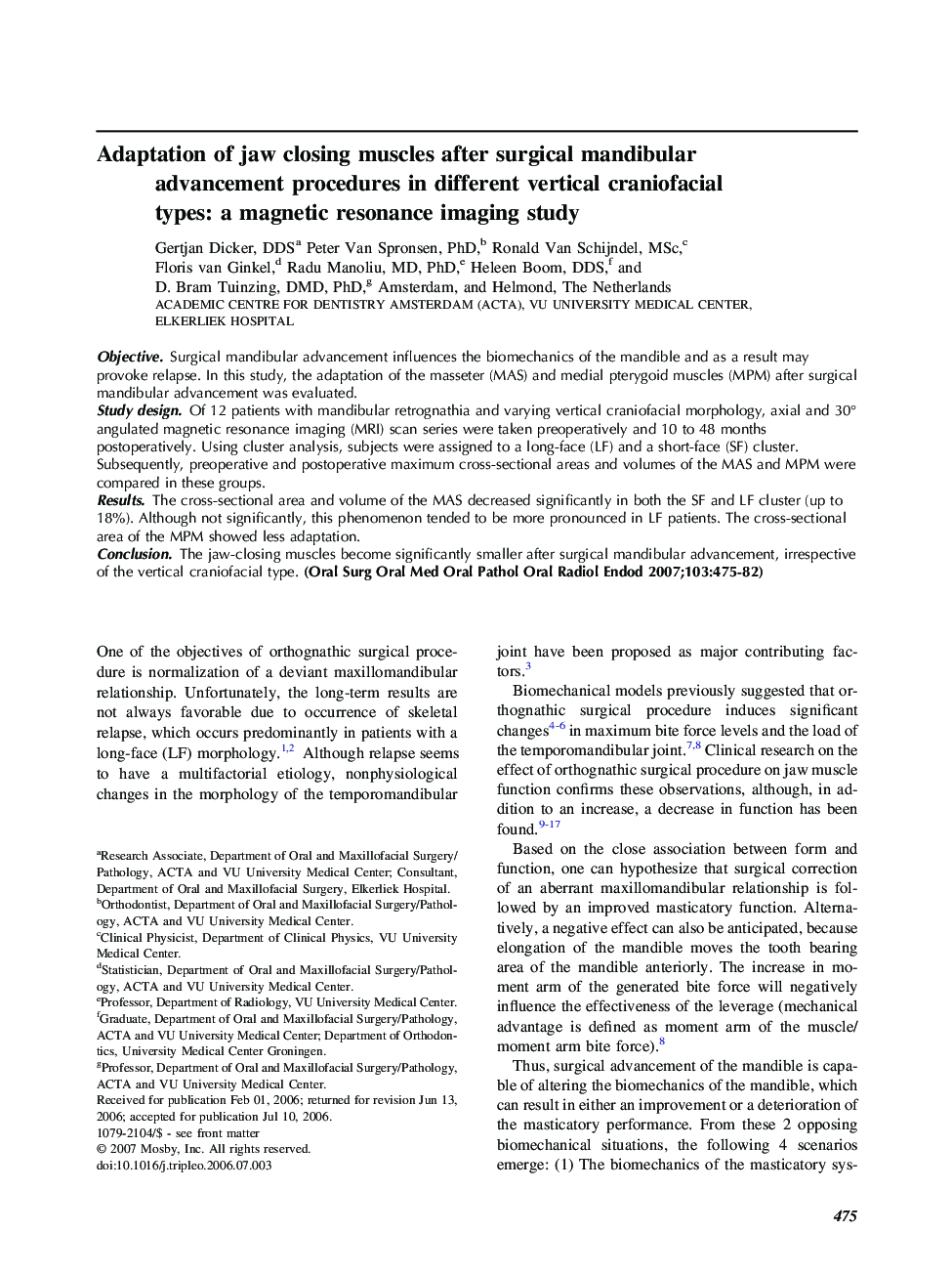 Adaptation of jaw closing muscles after surgical mandibular advancement procedures in different vertical craniofacial types: a magnetic resonance imaging study