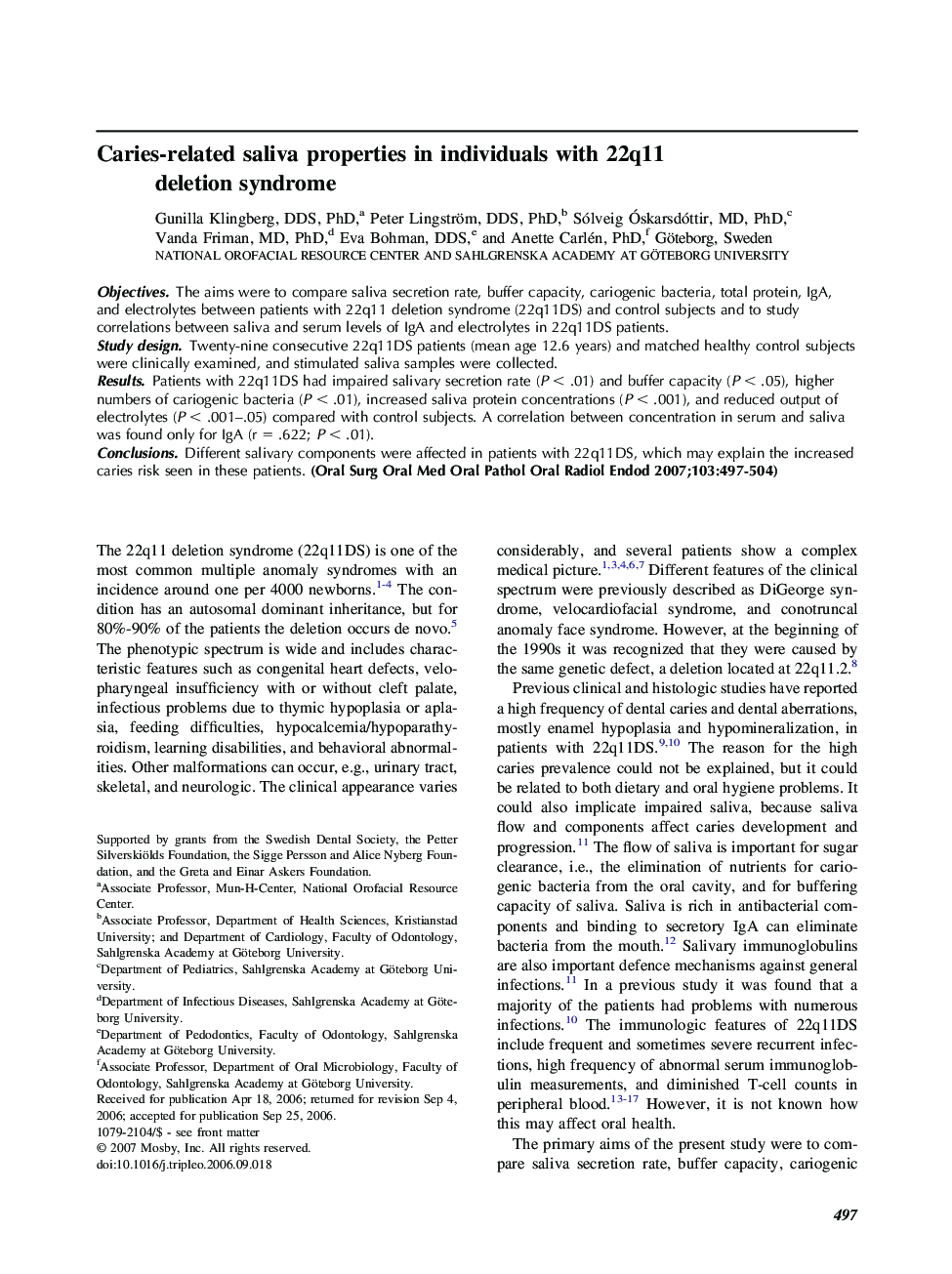 Caries-related saliva properties in individuals with 22q11 deletion syndrome 