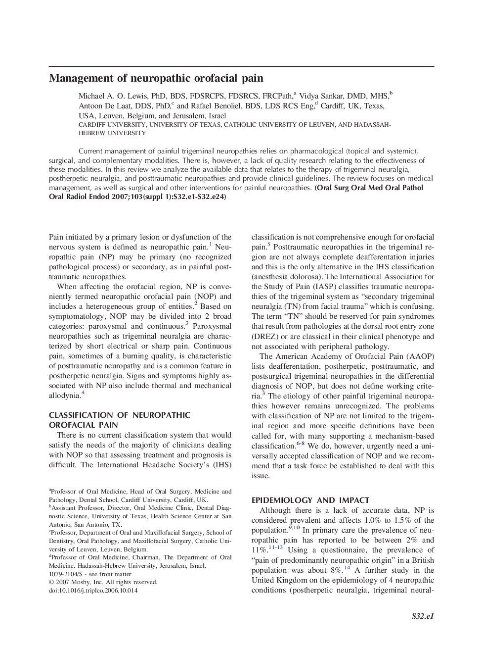 Management of neuropathic orofacial pain