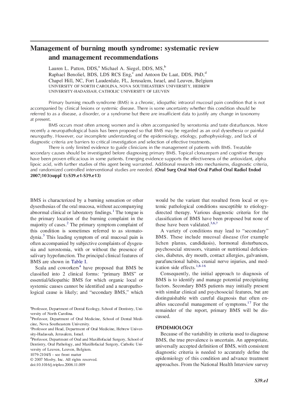 Management of burning mouth syndrome: systematic review and management recommendations