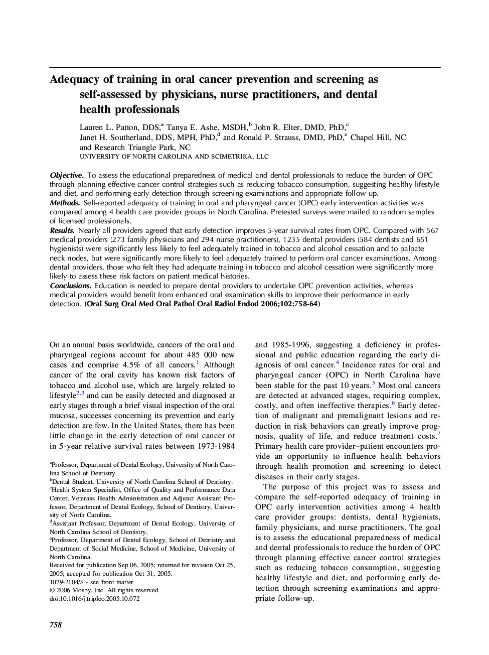 Adequacy of training in oral cancer prevention and screening as self-assessed by physicians, nurse practitioners, and dental health professionals