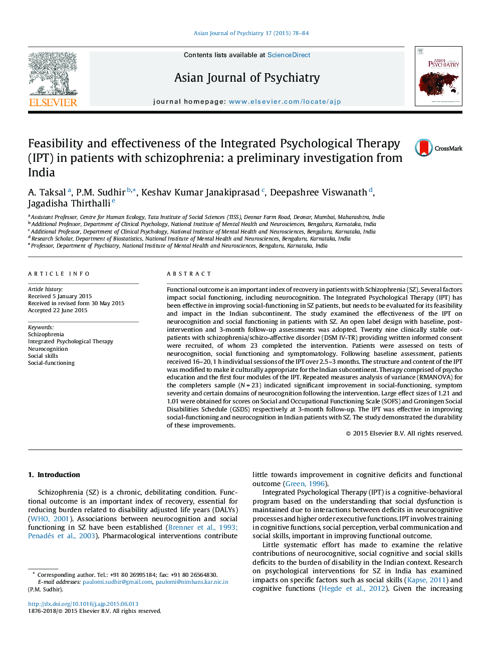 Feasibility and effectiveness of the Integrated Psychological Therapy (IPT) in patients with schizophrenia: a preliminary investigation from India