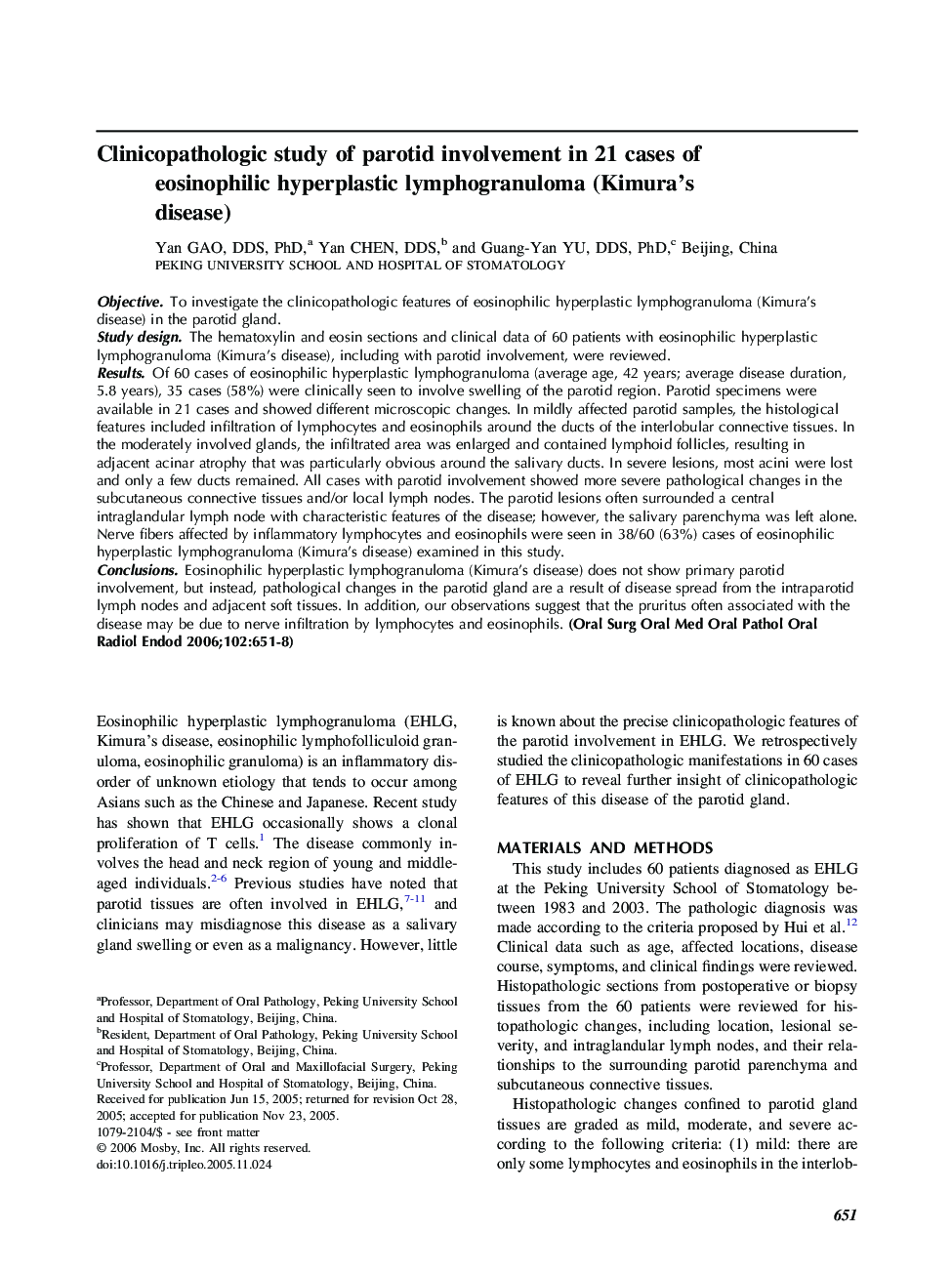 Clinicopathologic study of parotid involvement in 21 cases of eosinophilic hyperplastic lymphogranuloma (Kimura’s disease)