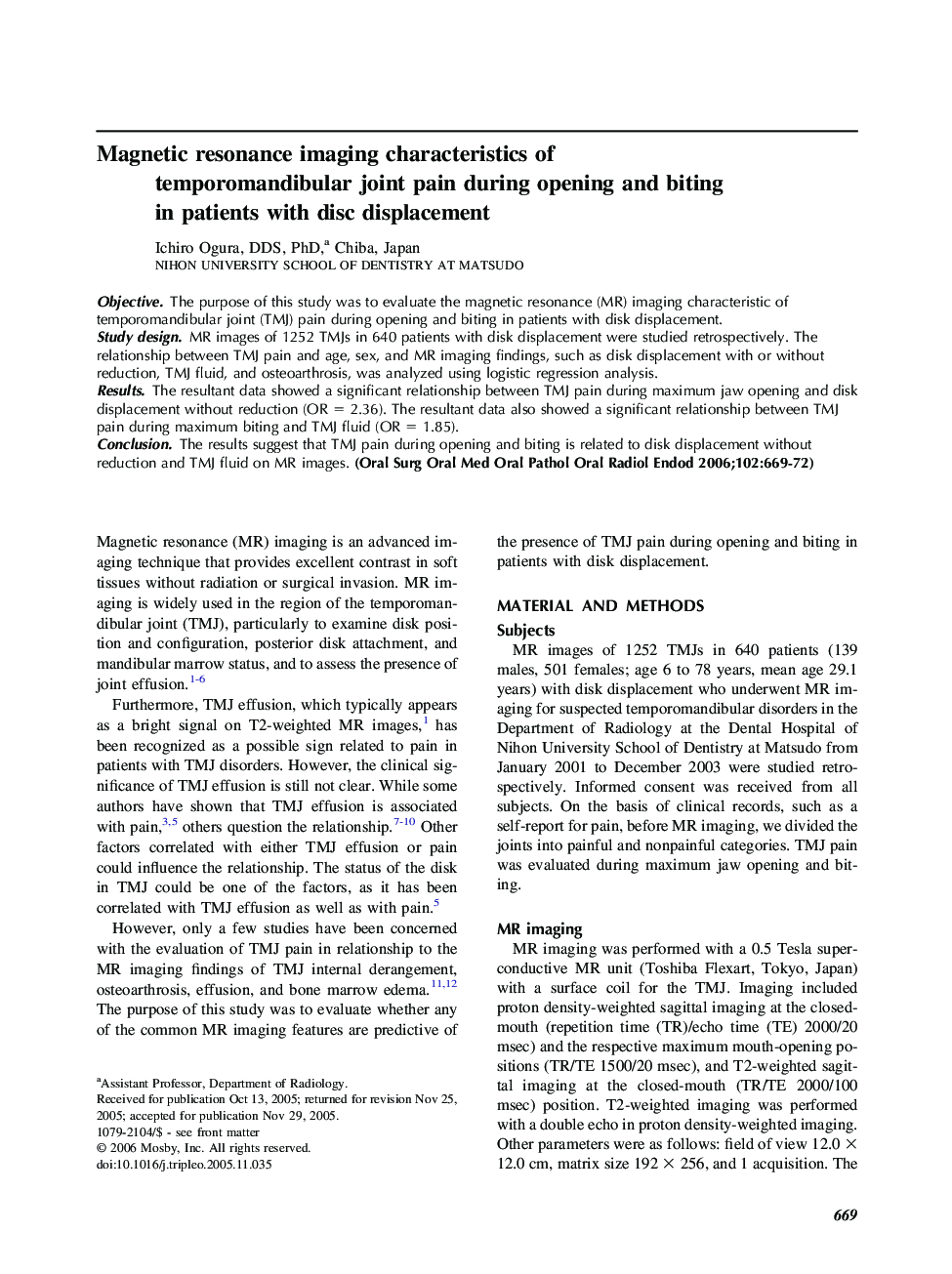 Magnetic resonance imaging characteristics of temporomandibular joint pain during opening and biting in patients with disc displacement