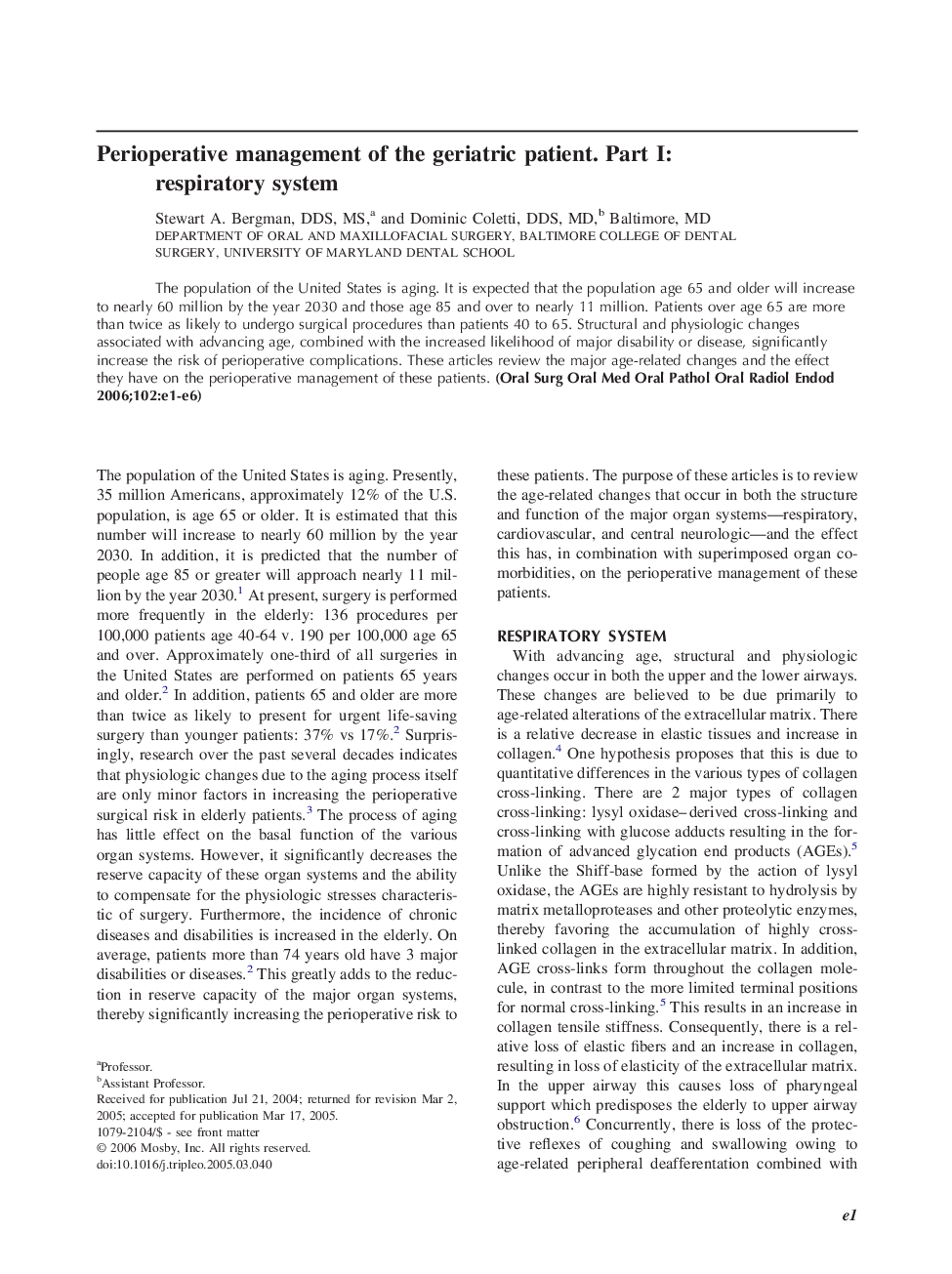 Perioperative management of the geriatric patient. Part I: respiratory system