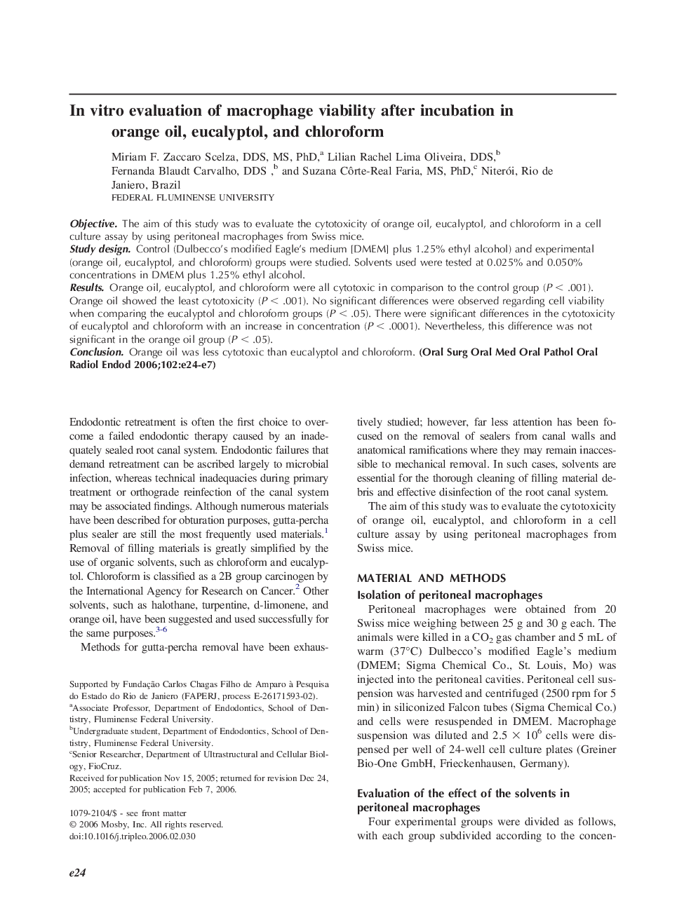 In vitro evaluation of macrophage viability after incubation in orange oil, eucalyptol, and chloroform 