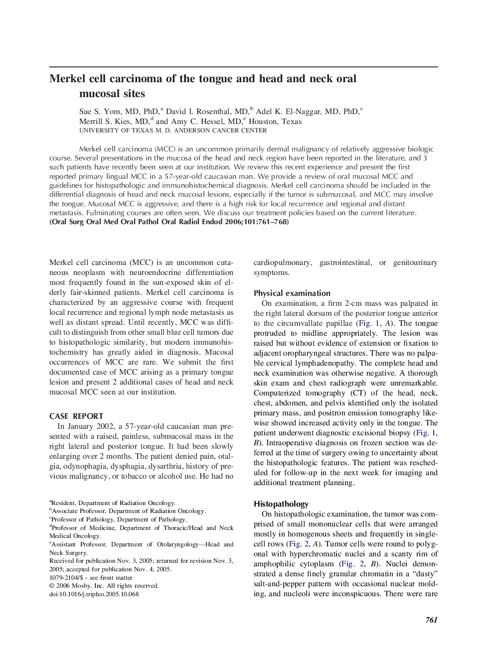 Merkel cell carcinoma of the tongue and head and neck oral mucosal sites