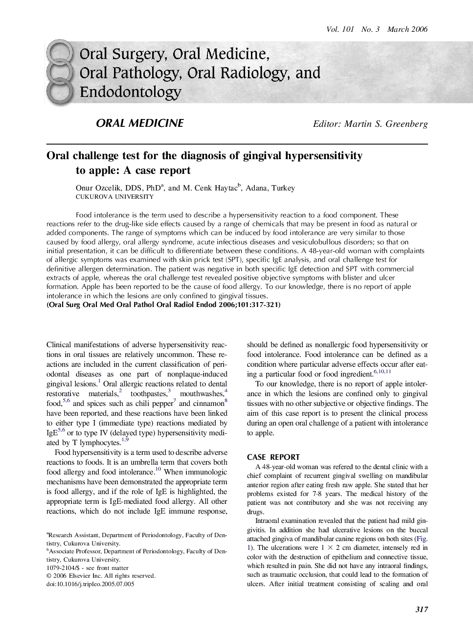 Oral challenge test for the diagnosis of gingival hypersensitivity to apple: A case report