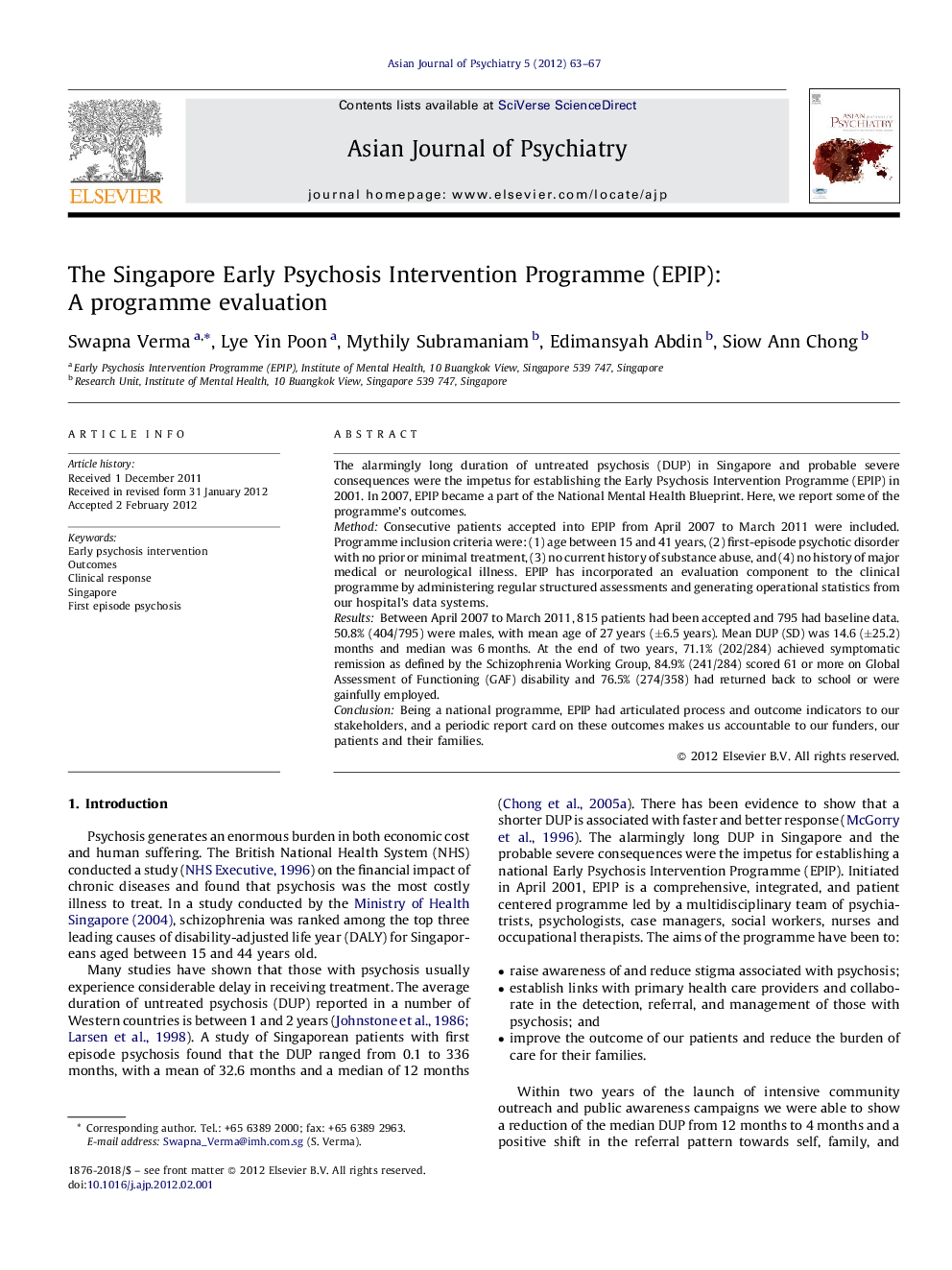 The Singapore Early Psychosis Intervention Programme (EPIP): A programme evaluation