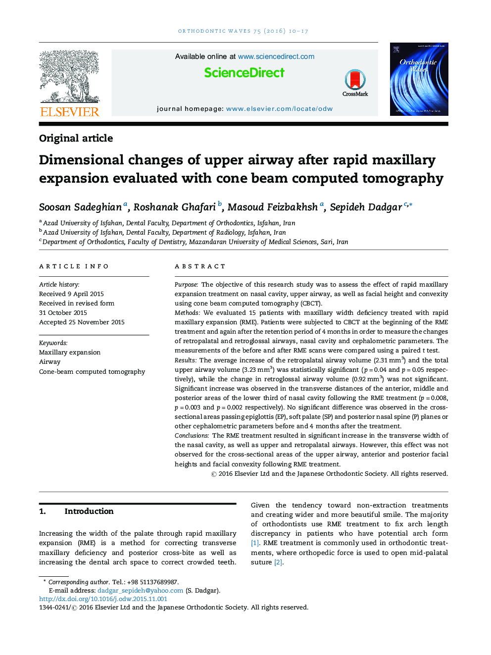 Dimensional changes of upper airway after rapid maxillary expansion evaluated with cone beam computed tomography