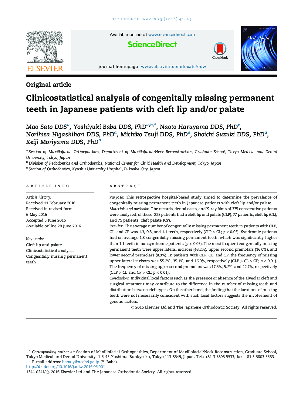 Clinicostatistical analysis of congenitally missing permanent teeth in Japanese patients with cleft lip and/or palate