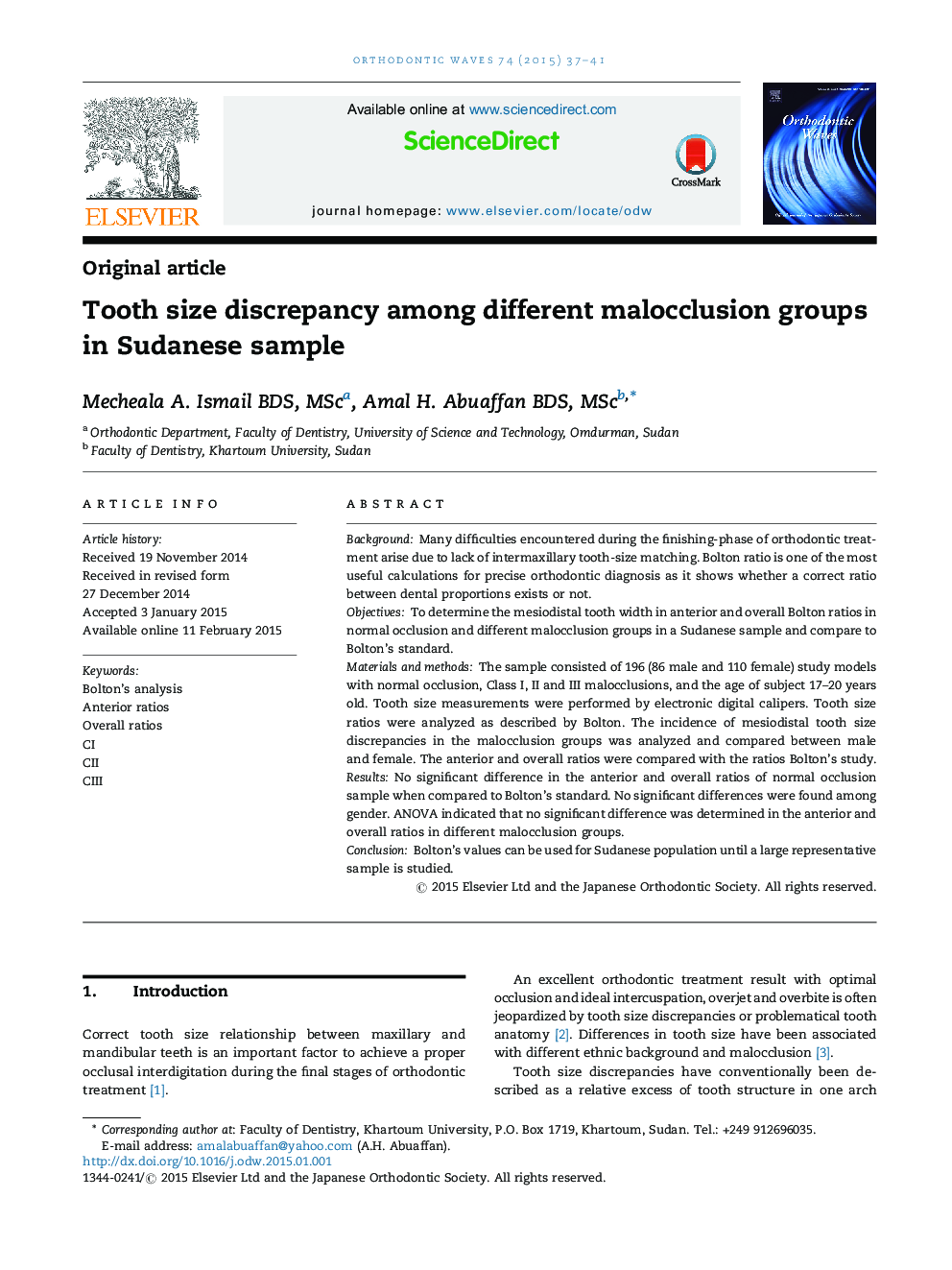 Tooth size discrepancy among different malocclusion groups in Sudanese sample